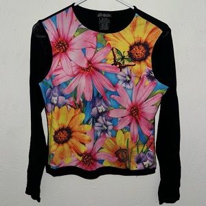 VTG Y2K sheer sleeves embroidered butterfly flower print vintage stretch 90s L